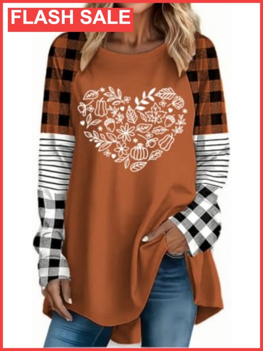 Plaid Raglan Long Sleeve Crew Neck Fall Graphic T-Shirt